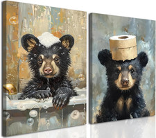 Bear Bathroom Wall Art Set of 2 Funny Animal Pictures Wall Decor Canvas Black Be