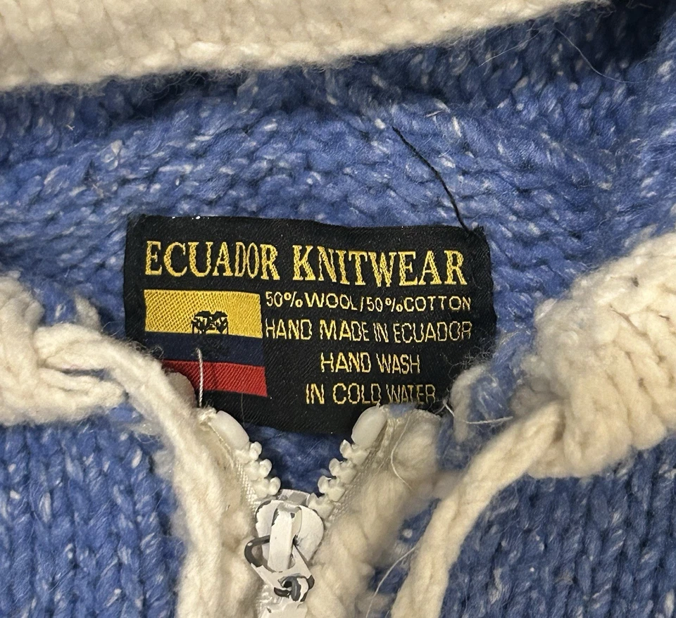 Suéter con Capucha Hecho a Mano Ecuador Prendas de Punto Azul Lana Algodón Borla Floral Juvenil S Foto 4 de 4