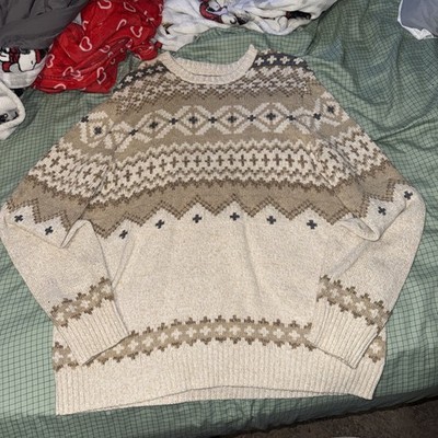 American Eagle Sweater Mens Large Fisherman Beige Fair Isle Crewneck Pullover