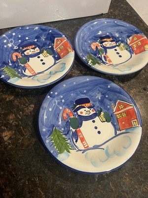 Emerald Winter Holiday Christmas Snowman Bowls 8.5  Hand painted Set Of 3 Bowls