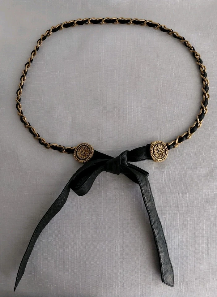 CHANEL VINTAGE 80s LAMBSKIN LEATHER RIBBON CHAIN BELT SIZE 32 MADE IN FRANCE