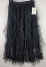 Whimsigoth Womens Sz M Skirt Black Tulle Layer Beaded Midi Grunge Gothic Witchy