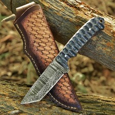 Damascus Steel Tanto Blade Full Tang Hunting Knife with Engraved Leather Sheath