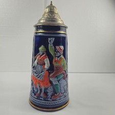 Vtg Made in Germany Beer Stein 9” Cobalt Blue Relief Dancers Pewter Lid Stein #9