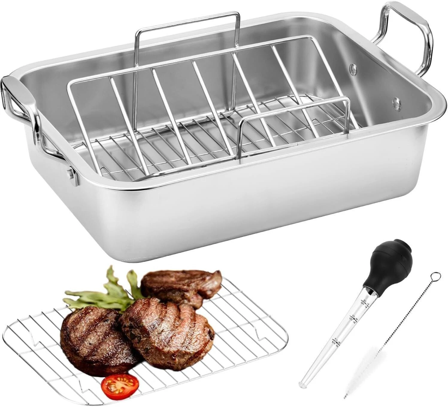 15 Inch Stainless Steel Roasting Pan W/ V-Shaped Rack and Turkey Chicken Baster