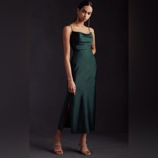 BHLDN Sachin + Babi Cali Satin Cowl-Neck Midi Slip Dress Emerald Green Size 10