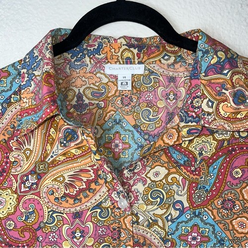 Charter Club Button Down Shirt 3/4 sleeves Paisley print 100% cotton size 14 - Picture 6 of 16