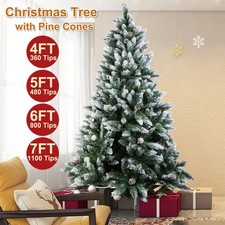 4 5 6 7ft Snow Flocked Artificial Christmas Tree Xmas Hinged Pine Cones Decor