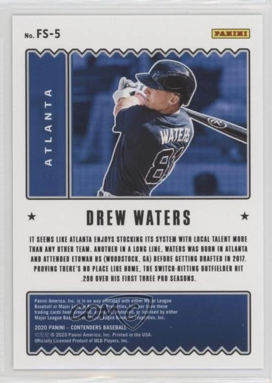 2020 Panini Contenders Future Stars Championship 1/1 Drew Waters #FS-5 b4d - Image 2 of 3