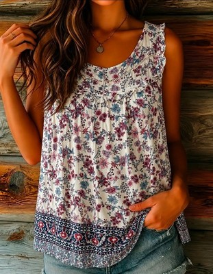Knox Rose White Pink Blue Floral BOHO Ruffle Trim Cottagecore Tank Top XL 14
