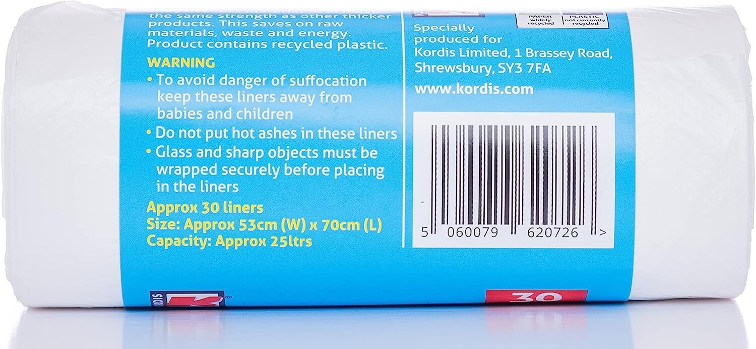 Kordis Strong Tie Handle Pedal Bin Liners 6 x 30 Bags. 25L White