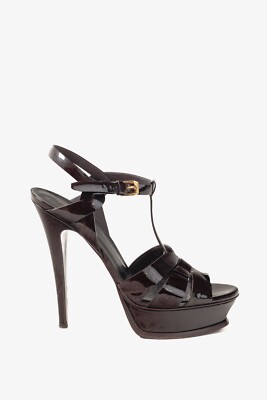 Saint Laurent Tribute Open Toe Bourgogne Patent Leather Platform Sandal, Sz 8.5