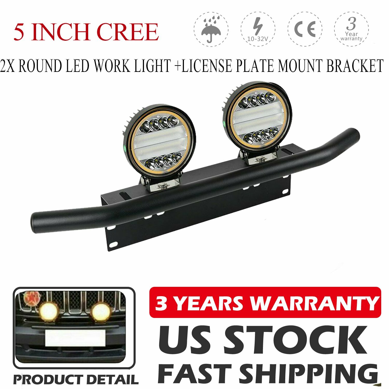 Pair 5inch Round LED Work Light Bar&License Plate Mount Bracket Offroad
