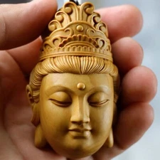 2.3" Natural Wood Carving Artware Avalokitesvara Pendant Men Lucky Hand Statue