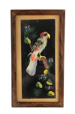 Mexican Feather Art Parrot Bird Painting Mixed Media Carved Frame 10.75 x 6"