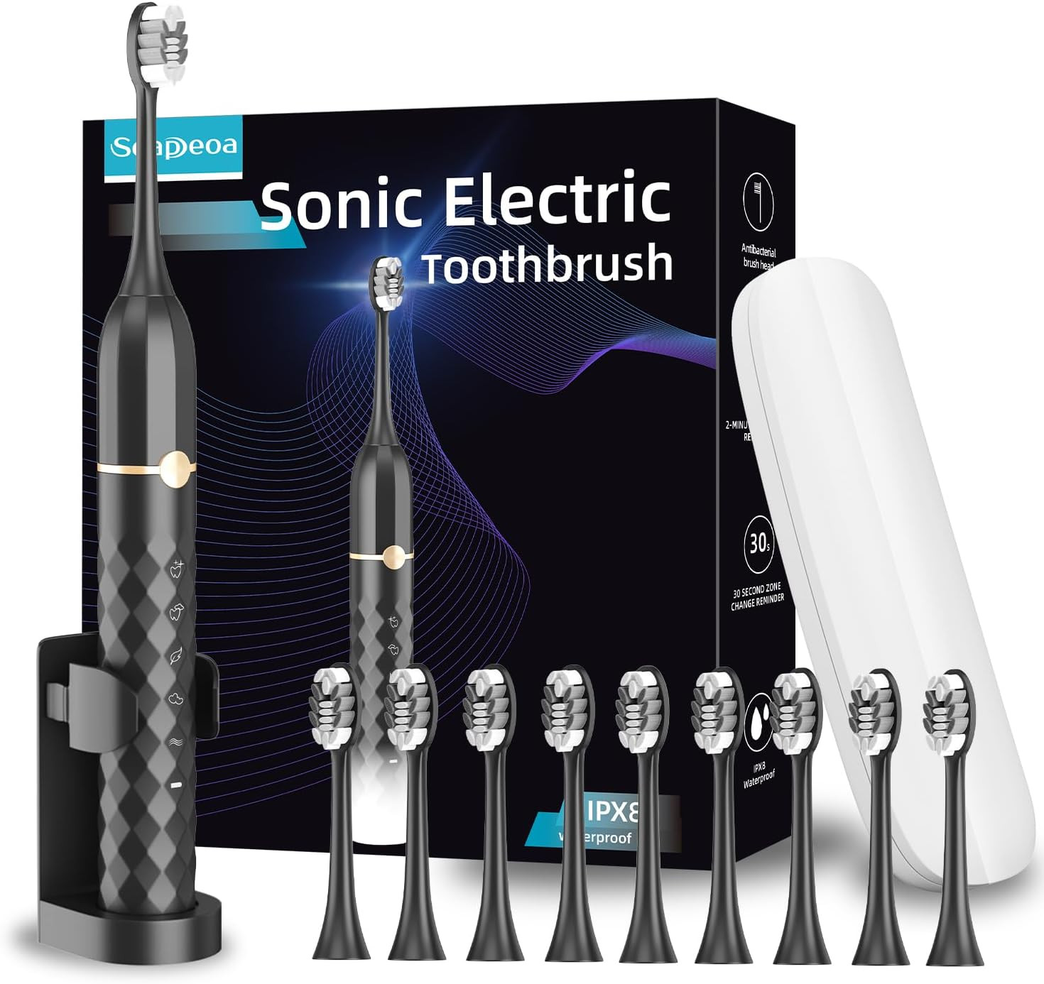 Electric Toothbrush Set, Equipped with 10 Brush Heads and Travel case, IPX8 Wate
