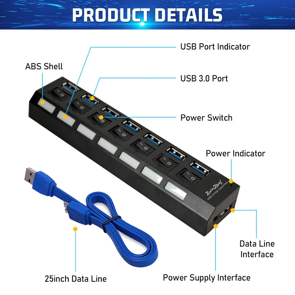 USB 3.0 Hub 7 Port On/Off Switch High Speed Splitter AC Adapter Cable PC Laptop - Image 3 of 4