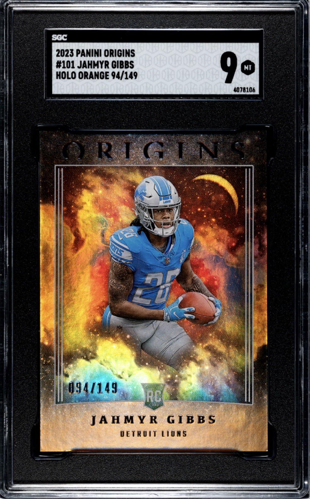 2023 NFL Origins Jahmyr Gibbs #101 RC Holo Orange /149 SGC 9 Detroit Lions