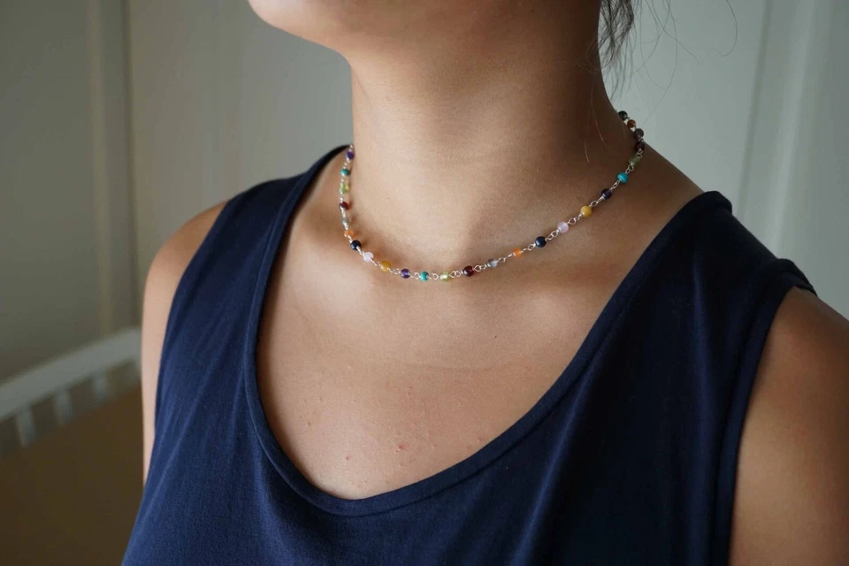 Gargantilla collar de cadena con dije de múltiples gemas de plata de ley hecha a mano granate amatista  Foto 2 de 4