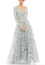 MAC DUGGAL 67869 EMBELLISHED VNECK ILLUSIONS LONG SLEEVE A-LINE PLATINUM GOWN 14