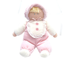 Eden Pink White Velour Baby Doll Plush Eyelet Lace Bib Vintage 10 Yellow Hair