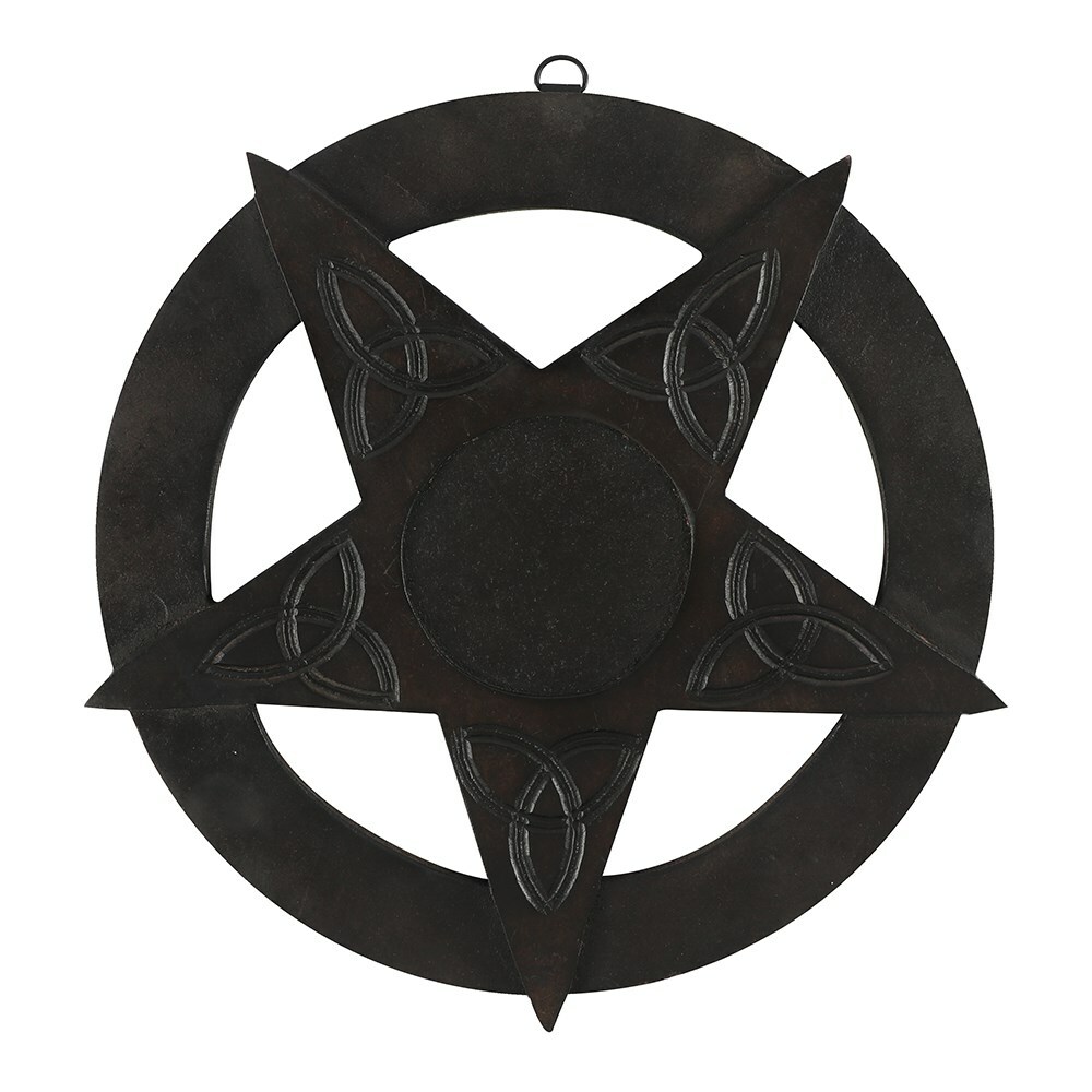 BLACK WOODEN PENTAGRAM WALL HANGING PLAQUE ART CARVED CELTIC TRIQUETRA GOTHIC
