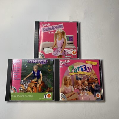 Lot Of 3 Barbie CD ROM Vtg Fashion Designer Party Print Play Pet Rescue 97-2000