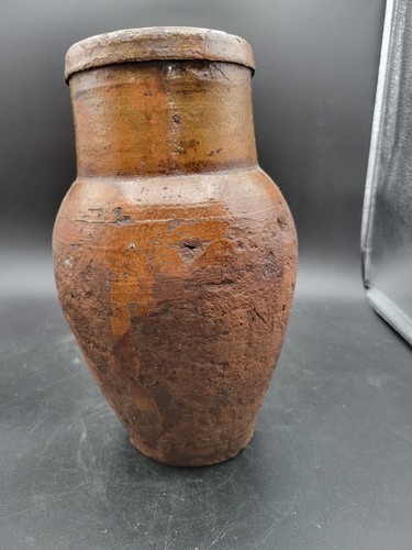 Antique Primitive Clay Ceramic Pottery Brown Stone Jug Pitcher - Picture 2 of 7