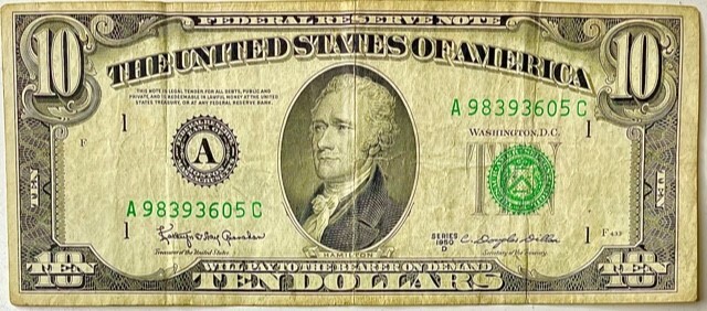 1950-A $10 TEN DOLLAR BOSTON MASS FEDERAL RESERVE NOTE BILL