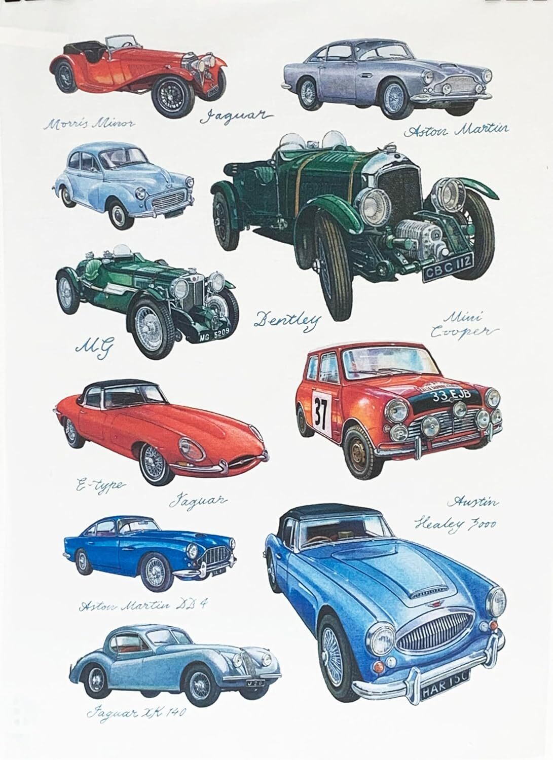 Classic Cars Cotton Tea Towel,  large, colourful, machine washable,