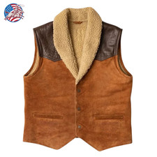 Men's Genuine Lamb Leather Suede Shearling Fur Vest Western Cowboy Brown Vintage