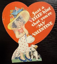 ANTIQUE CARRINGTON CO VALENTINE’S DAY CARD VEILED GIRL PUPPY 1930’S