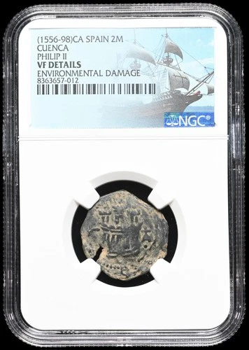 COLONIAL ERA SPAIN. Philip II, 1556-1598. Copper 2 Maravedis, NGC VF Details