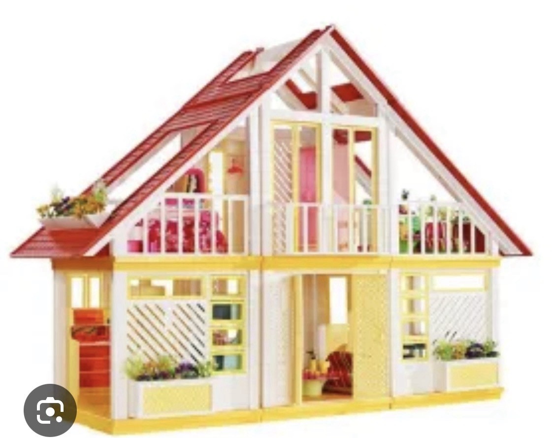 Plastic Barbie Doll House with Red Roof, Yellow Walls, and W