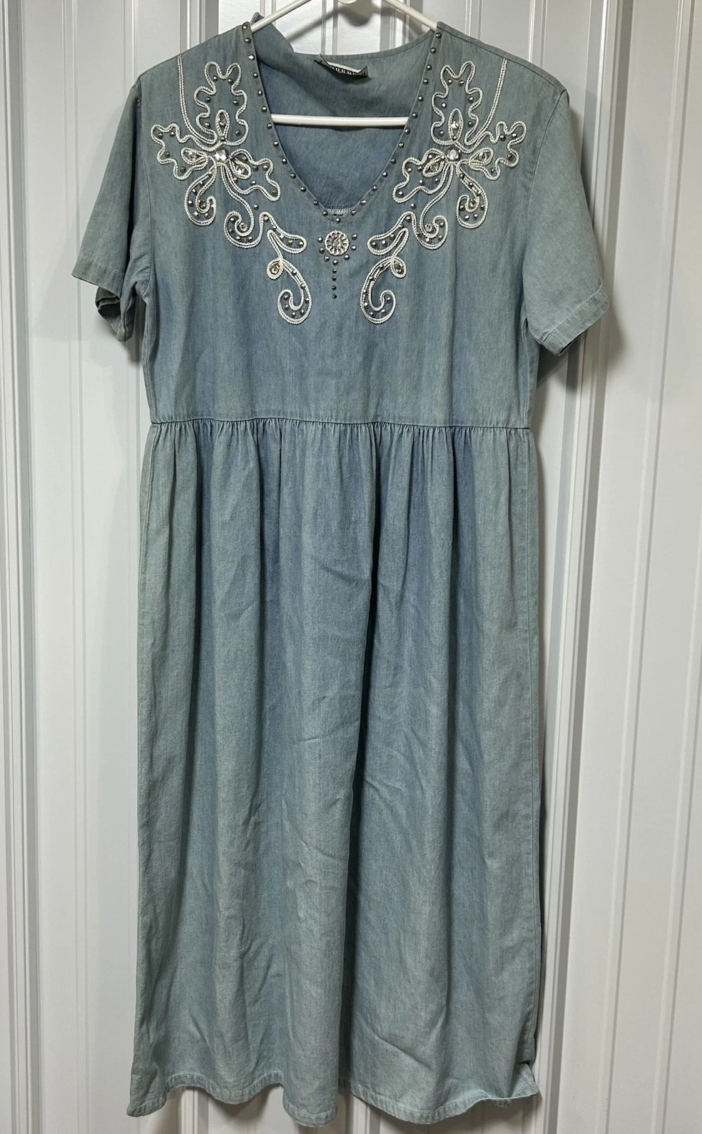 Vintage Panorama Women's Long Denim Dress Embroidered Rhinestones 1990s