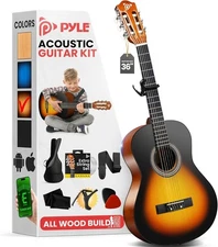 Pyle Classical Guitar Starter Kit -36" 3/4th Size All Wood Instrument (Sunburst)