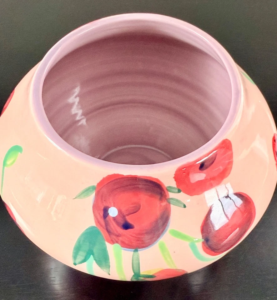 Vaso de grés Anthropologie Lizzie rosa vermelho floral pintado à mão cerâmica 4,5” - Imagem 4 de 4