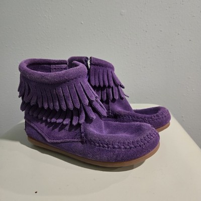 Minnatonka Moccasins Girls Size 9 Purple Suede Leather with Fringe 