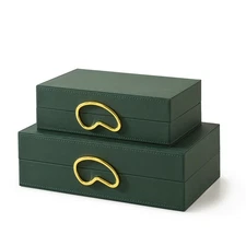 Faux Leather Decorative Boxes with Lids for Home Decor, Set of 2 Stacking Hin...
