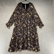 Torrid Whimsigoth Dress Womens 5X Black Floral Fit Flare Long Sleeve Maxi Dark