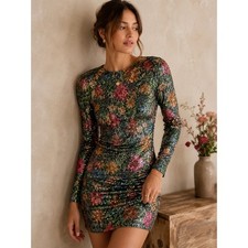 Sezane Nawel Dress Womens 34 XS Multicolored Floral Sequin Long Sleeve Mini