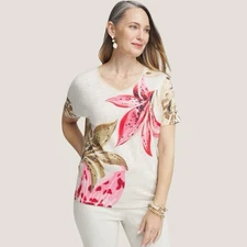 Chico’s Linen Beige Pink Floral Lily Print Short Sleeve V-Neck Top Size 0 Small