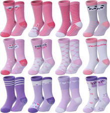 Toddlers Girls Non Slip Grip Socks - Cotton Crew Socks with Grippers 12 Pairs