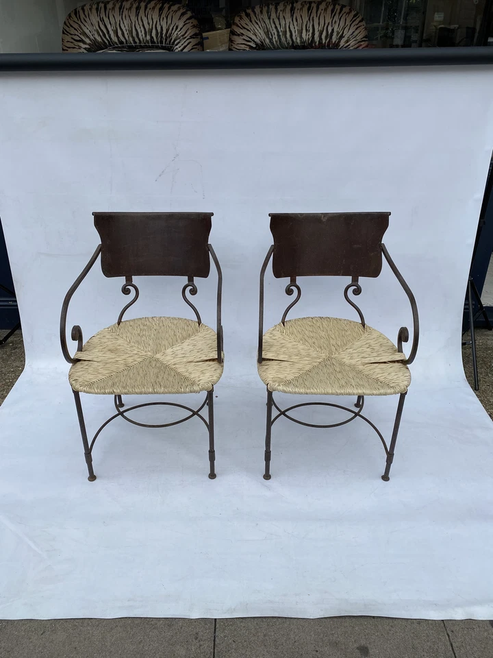 2 x Sillas laterales Art Deco de hierro forjado oxidado bambú ratán vintage años 20 jardín Foto 3 de 4