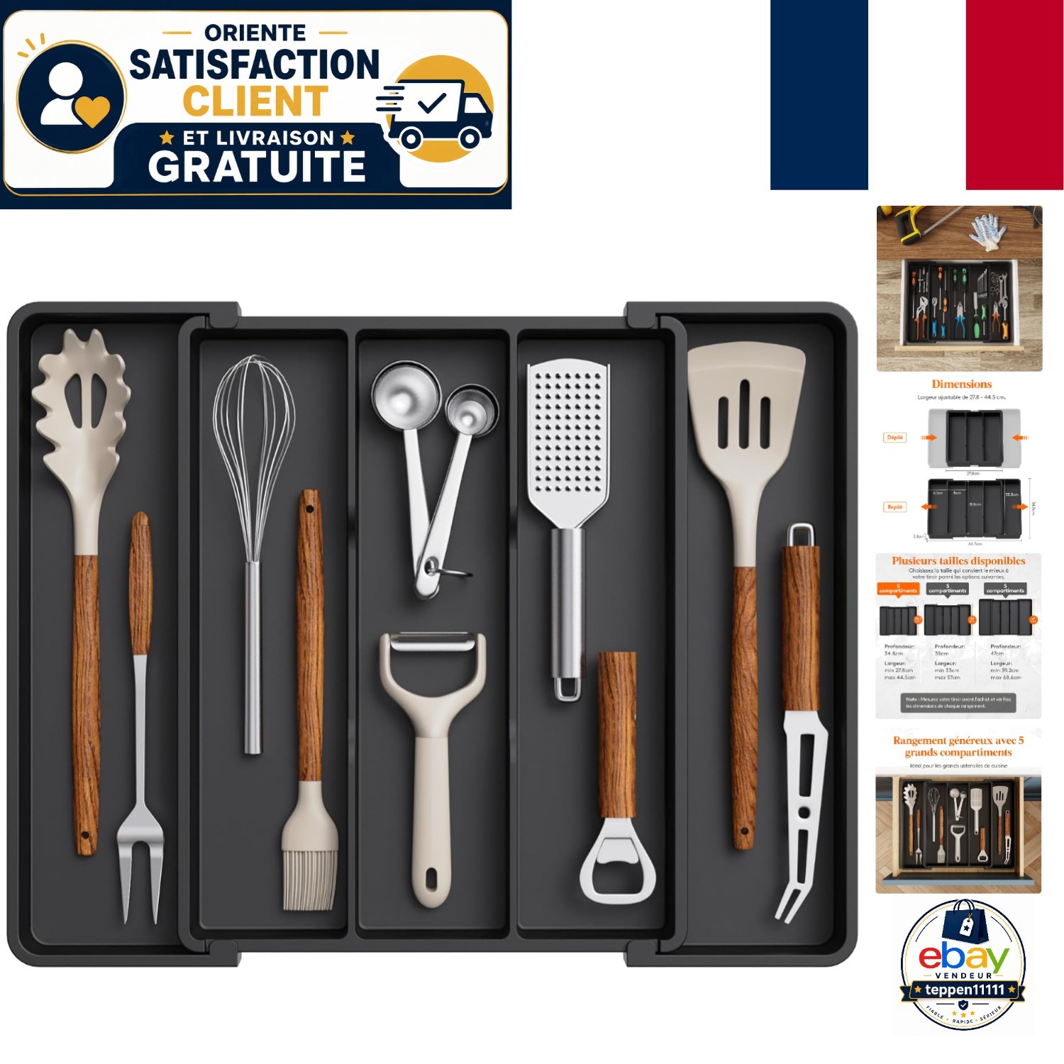 Séparateur de tiroir de cuisine réglable noir pour grand couteau et grande louche