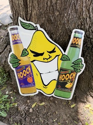 VINTAGE METAL HOOPER'S HOOCH ALCOHOLIC BREW SIGN LEMON ORANGE TIN 1999 RARE