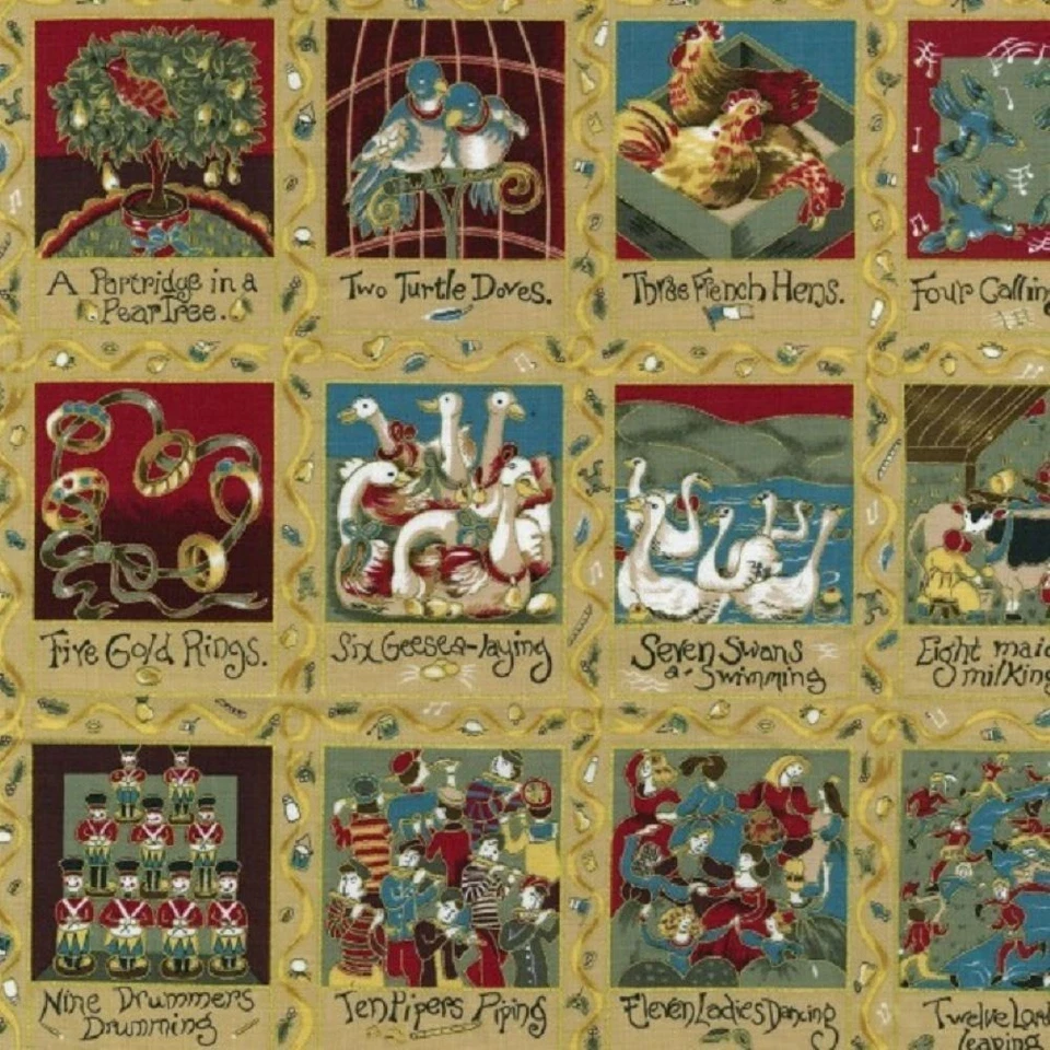 NUTEX 12 Days Christmas Fabric Cotton Fabric 30cm x 110cm Panel 87800-101 Gold