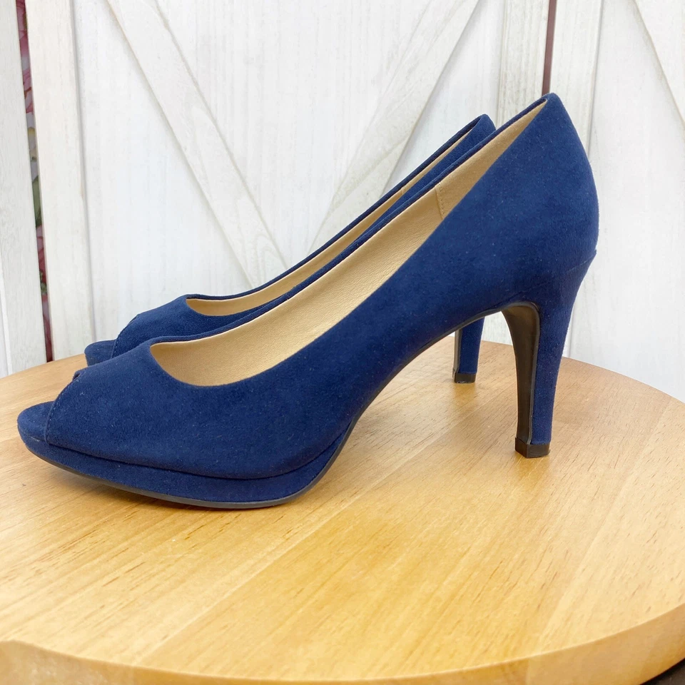 Zapatos de salón chinos de gamuza sintética para mujer 7 azules con punta abierta Foto 2 de 4