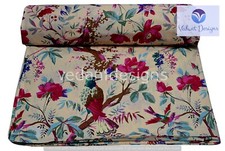 5 Yard Indian Bird Print Cotton Hand Block Beige Dressmaking Fabric