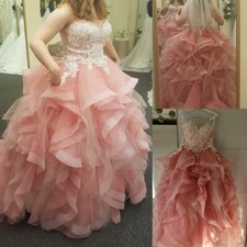 Blush Pink Sweetheart Ball Wedding Dresses White Lace Ruffled Tulle Bridal Gowns